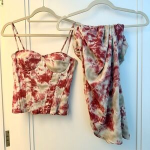 PRETTY LITTLE THING FUCHSIA TIE DYE PRINT STRUCTURED CORSET TOP AND SKIRT SET